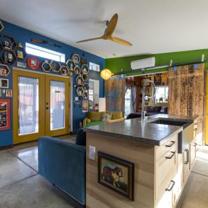 Kitchen island and living room